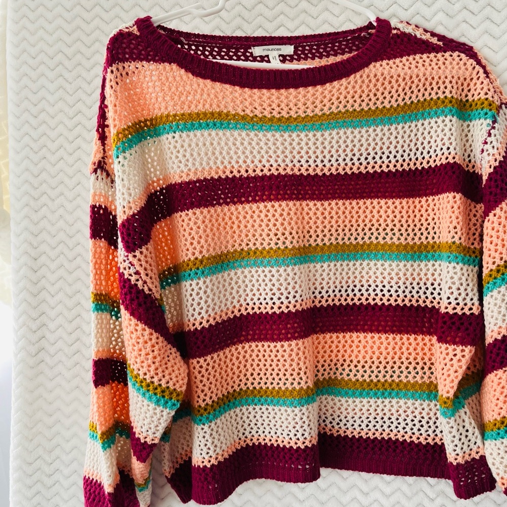 Maurices Red and Orange Crew Neck Sweater Vibrant Stripes